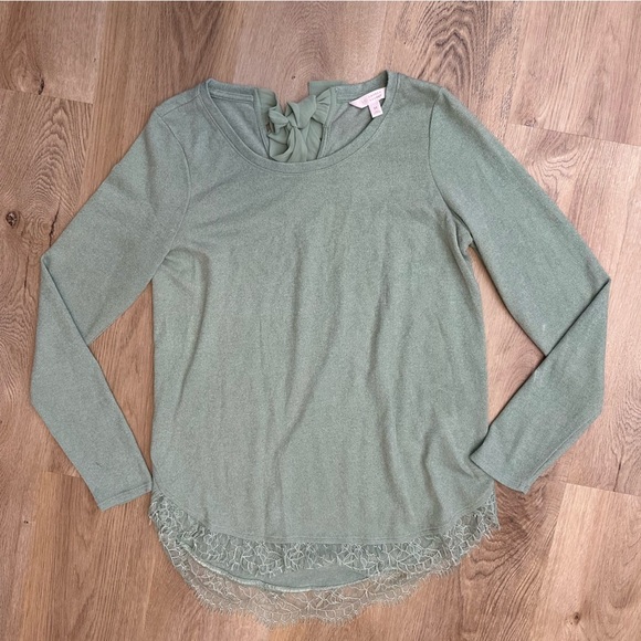 LC Lauren Conrad Sage Green Long Sleeve Crewneck Eyelash Lace Hem Sweater - Picture 8 of 8